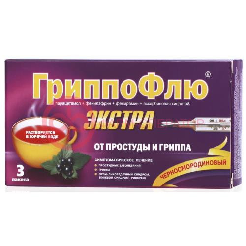 Гриппофлю экстра от простуды и гриппа порошок для приготовления раствора для приема внутрь 13г №3 черн. смородина Гриппофлю экстра от простуды и гриппа порошок для приготовления раствора для приема внутрь 13г №3 черн. смородина