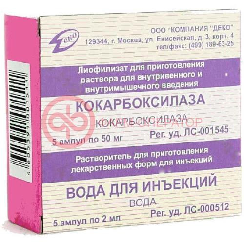 Кокарбоксилаза лиофилизат для приготовления раствора для внутривенного и внутримышечного введения 50мг №5 в комплекте с растворителем: вода для инъекций (ампулы) 2 мл-5 шт. Кокарбоксилаза лиофилизат для приготовления раствора для внутривенного и внутримышечного введения 50мг №5 в комплекте с растворителем: вода для инъекций (ампулы) 2 мл-5 шт.